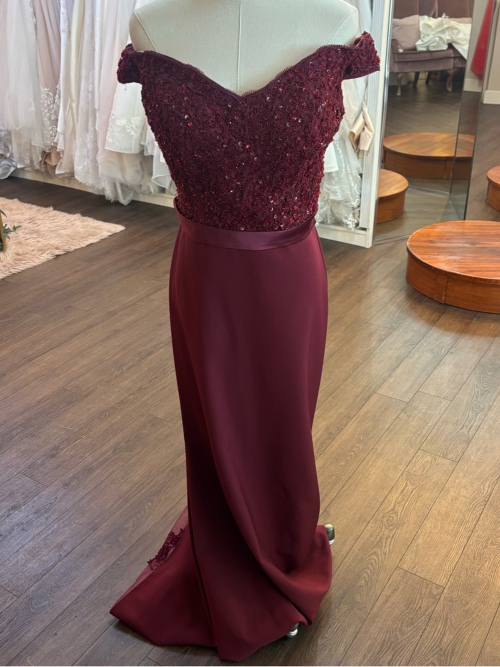 Off-Shoulder Burgundy Beaded Evening Gown